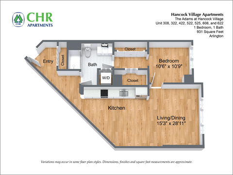 Floor plan for 1 bed, 1 bath, 931 sqft